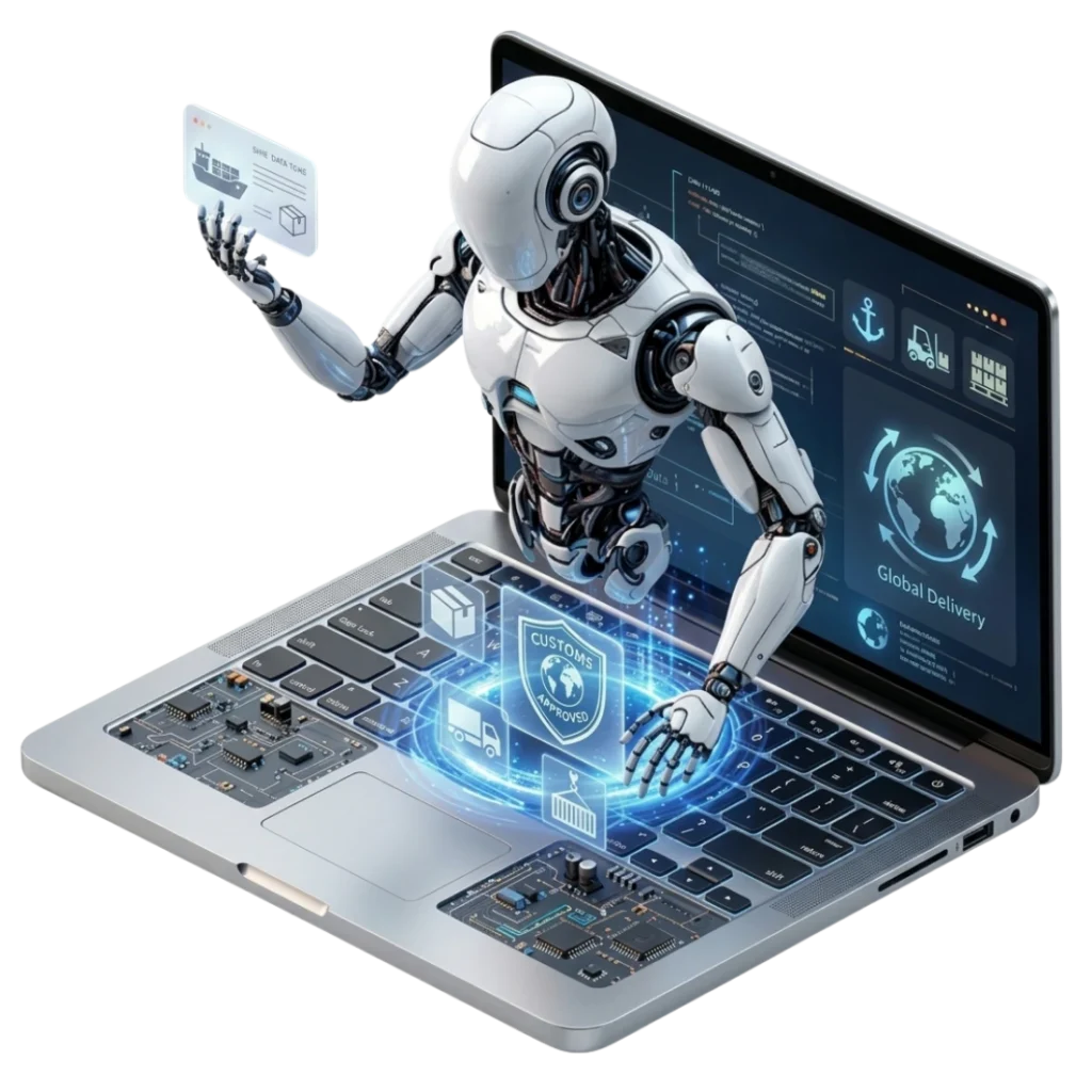 AI freight documentation automation robot processing customs and shipping data on a digital logistics platform